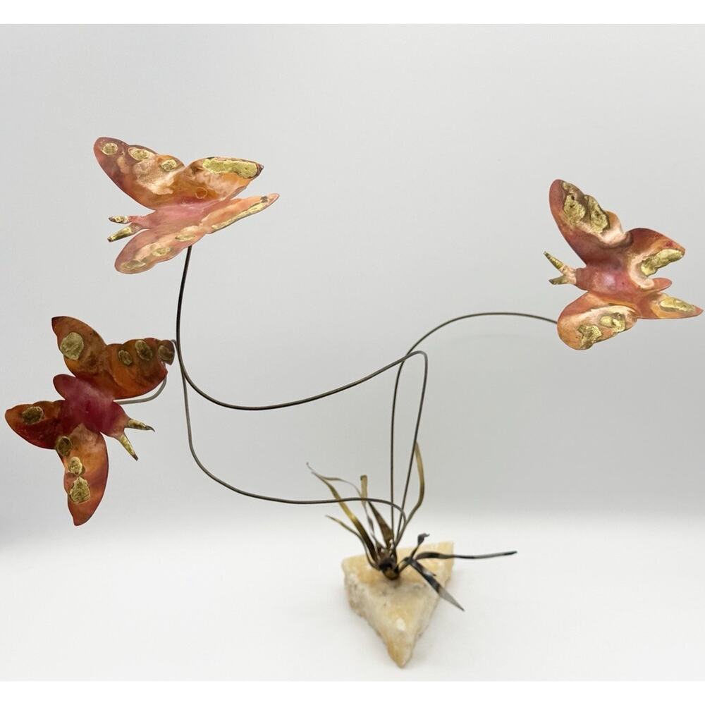 Vtg Metal Brutalist Sculpture Copper Brass Butterfly Art MCM Butterflies Stone